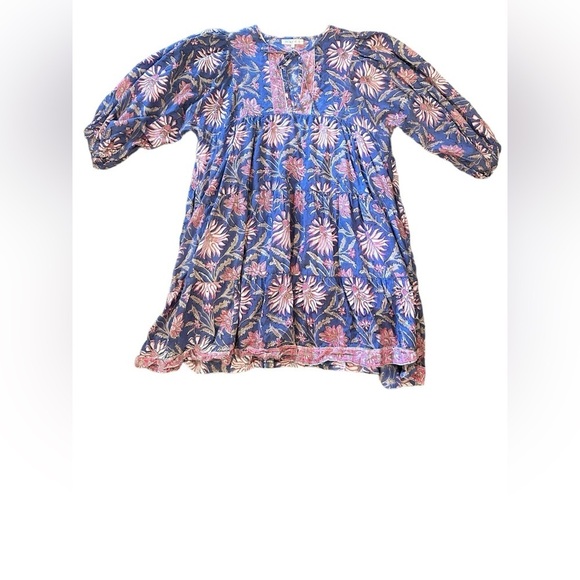 Marea by Liz Joy Casita Cotton Block Floral 3/4 Sleeve Tie Split Neck Mini Dress - Picture 2 of 8